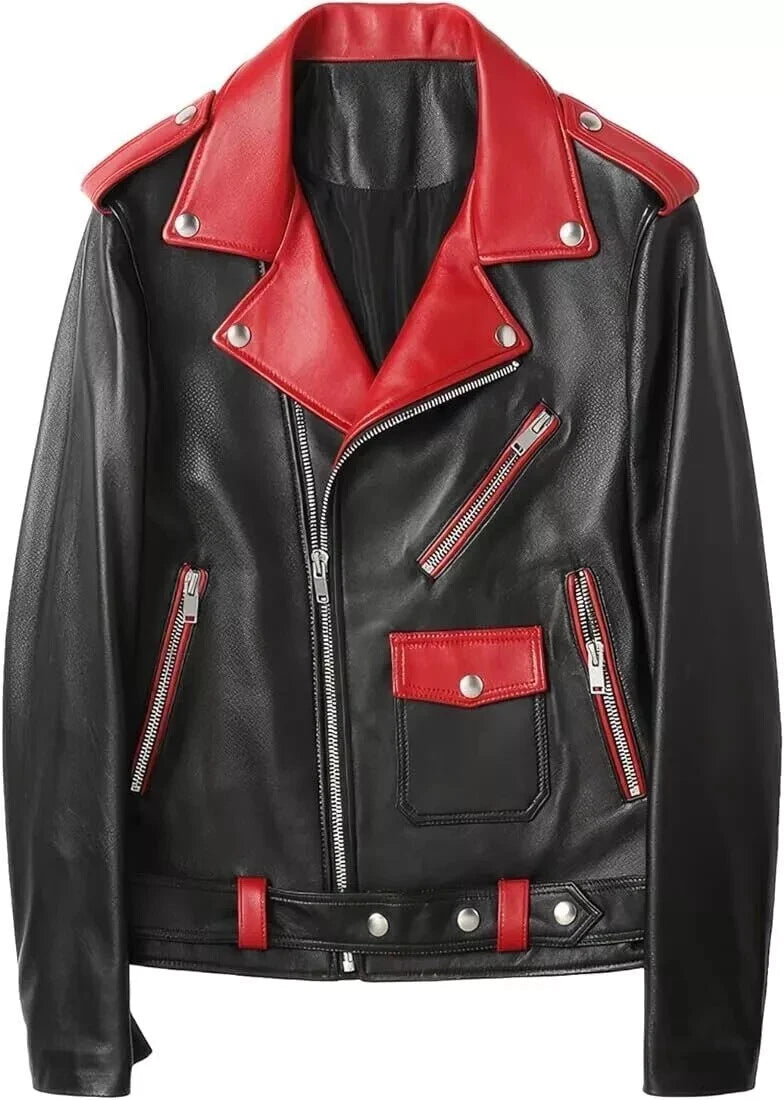 Men's Black & Red Two-Tone Biker Original Premium Leather Jacket