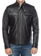 Men's Black Snap-Button Premium Original Leather Jacket – side view – Kamercio