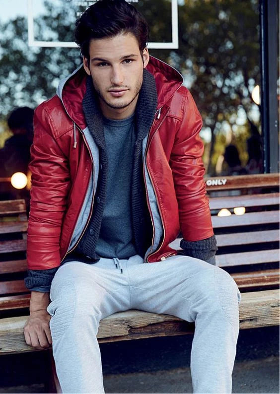 Men's Red Hooded Premium Original Leather Jacket with Knit Trim