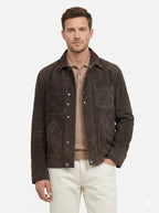 Men's Dark Brown Premium Suede Original Leather Shirt Jacket – leather jacket, front view – Kamercio