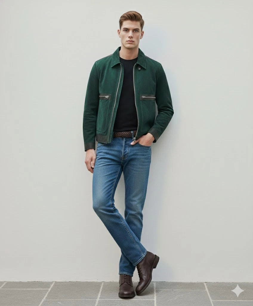 Men's Forest Green Suede Original Premium Leather Jacket