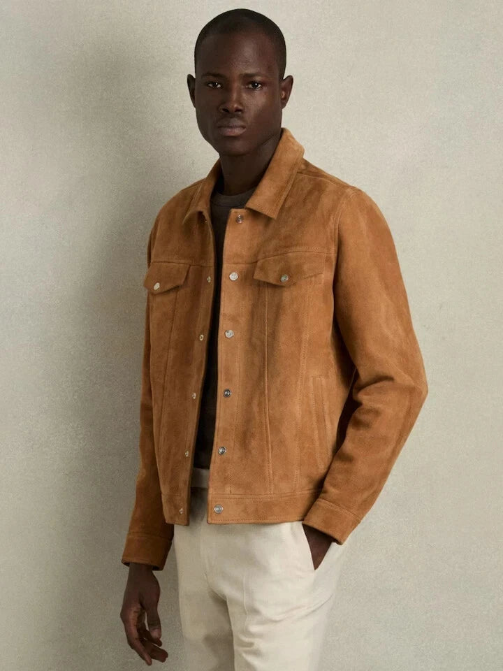 Men's Tan Suede Original Premium Leather Trucker Jacket