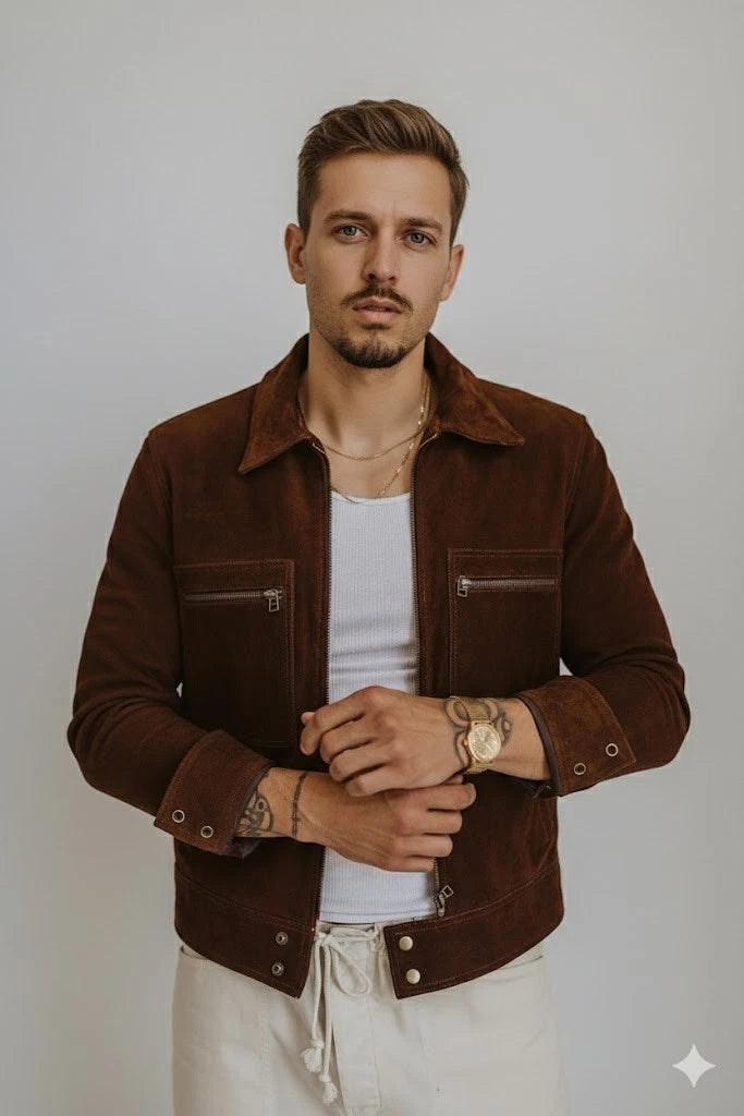 Men's Dark Brown Suede Premium Original Leather Jacket with Zip Chest Pockets