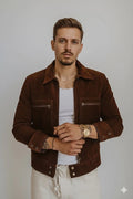 Men's Dark Brown Suede Premium Original Leather Jacket with Zip Chest Pockets