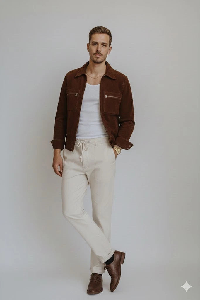 Men's Dark Brown Suede Premium Original Leather Jacket with Zip Chest Pockets