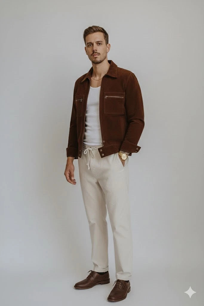 Men's Dark Brown Suede Premium Original Leather Jacket with Zip Chest Pockets