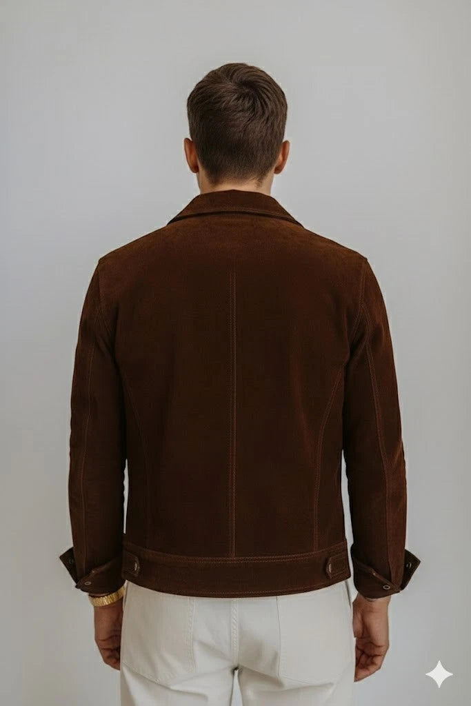 Men's Dark Brown Suede Premium Original Leather Jacket with Zip Chest Pockets