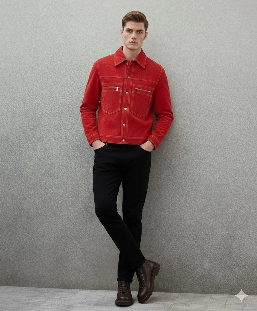 Men's Red Suede Premium Original Leather Trucker Jacket with Contrast Stitching