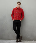 Men's Red Suede Premium Original Leather Trucker Jacket with Contrast Stitching