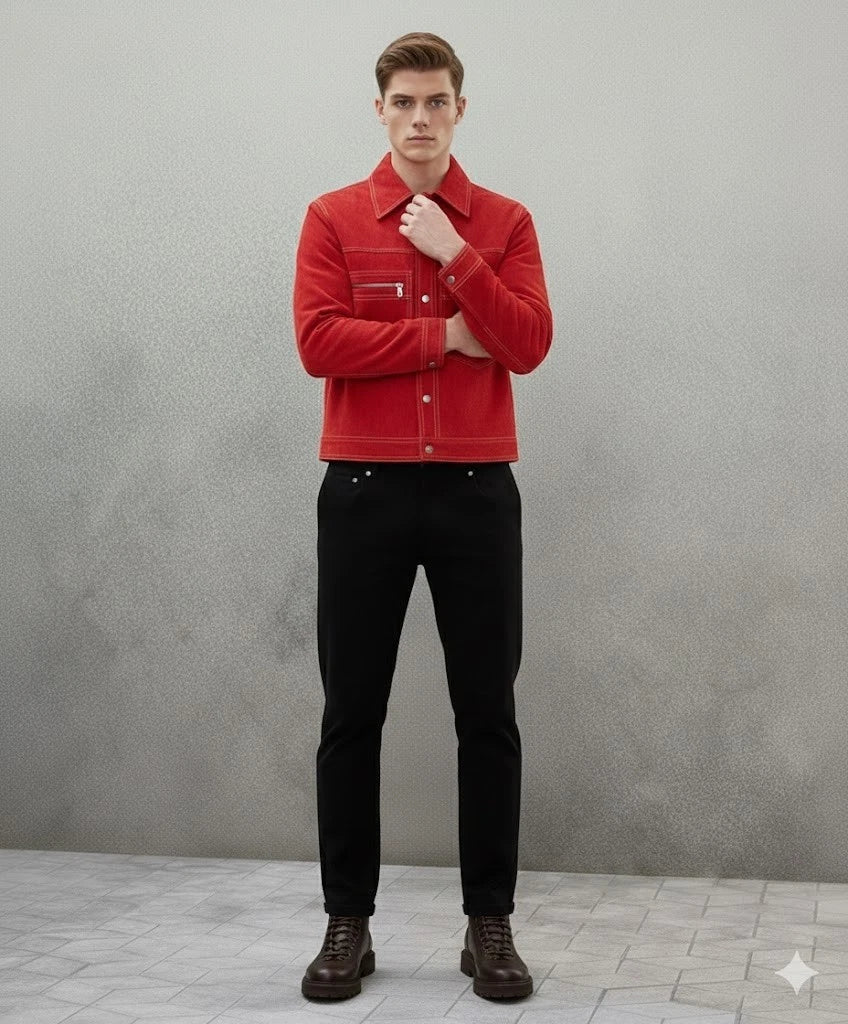 Men's Red Suede Premium Original Leather Trucker Jacket with Contrast Stitching