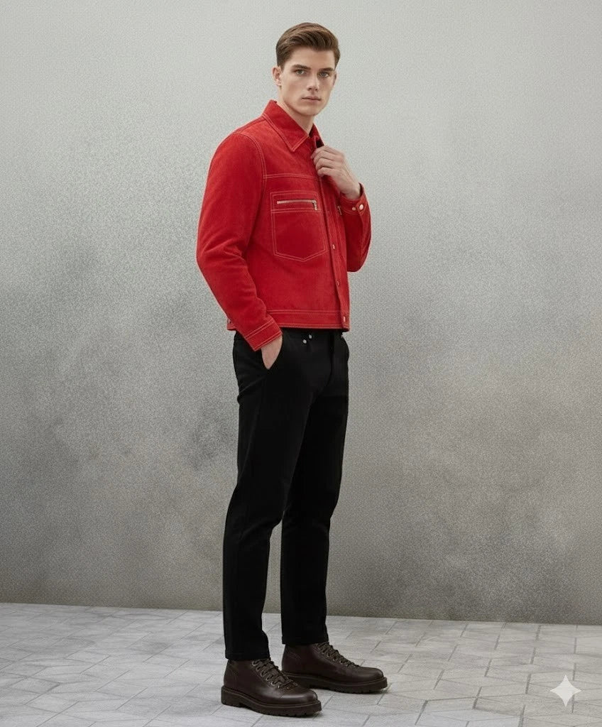 Men's Red Suede Premium Original Leather Trucker Jacket with Contrast Stitching