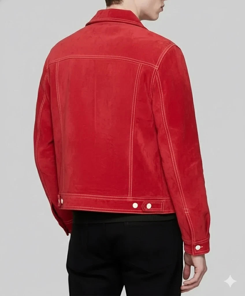 Men's Red Suede Premium Original Leather Trucker Jacket with Contrast Stitching