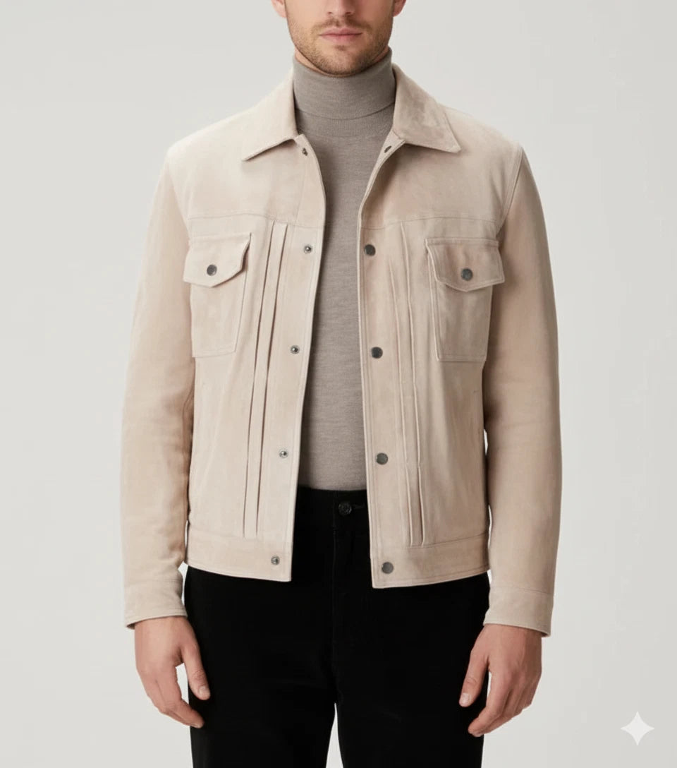 Men's Cream Suede Original Premium Leather Trucker Jacket with Pleat Detail