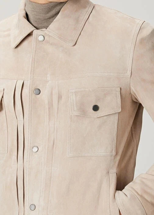 Men's Cream Suede Original Premium Leather Trucker Jacket with Pleat Detail