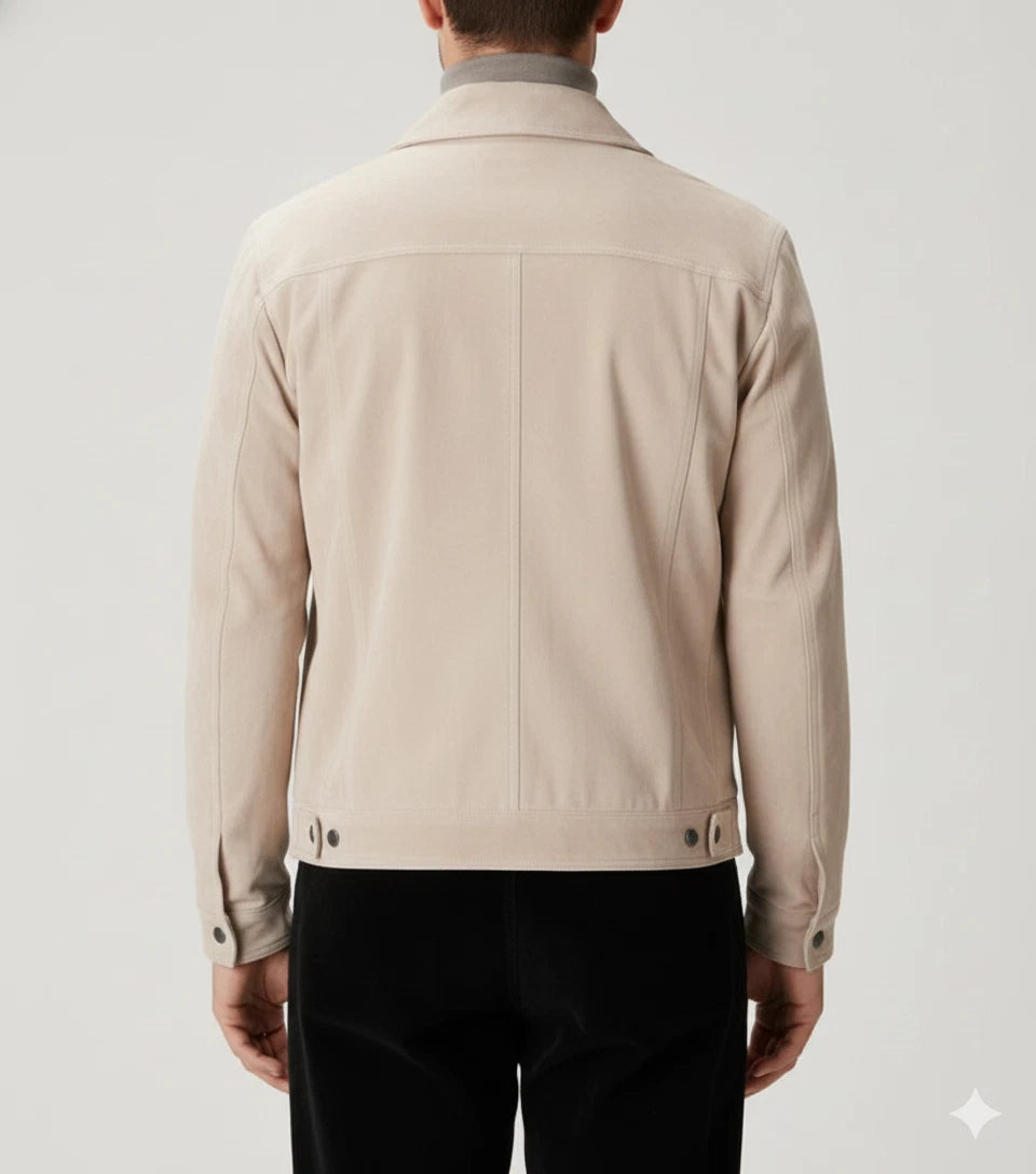 Men's Cream Suede Original Premium Leather Trucker Jacket with Pleat Detail