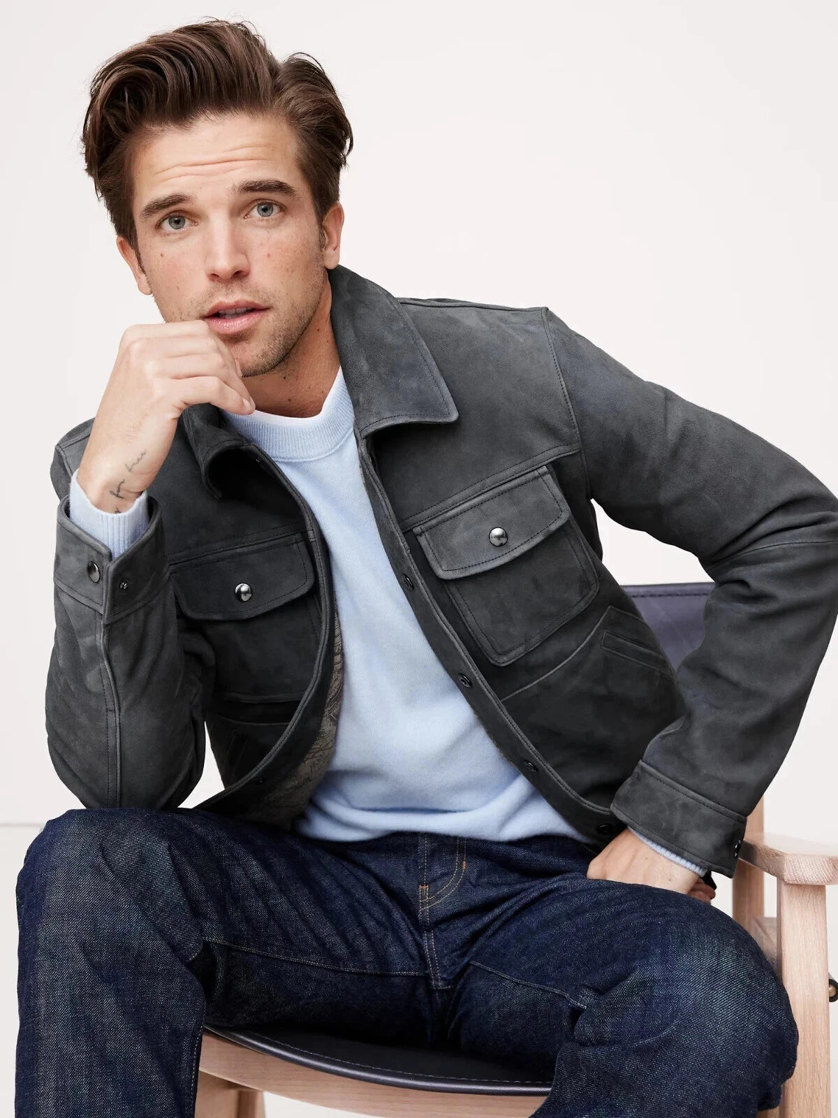 Men's Grey Suede Premium Original Leather Trucker Jacket