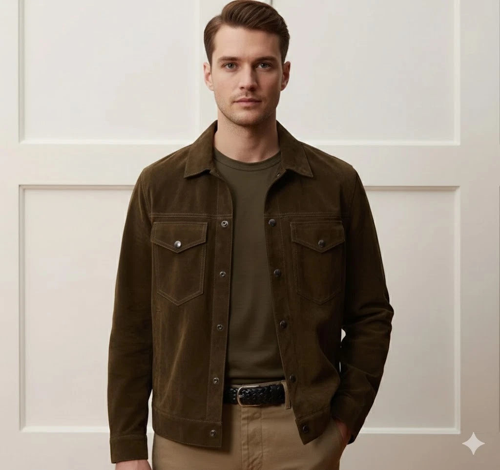 Men's Olive Green Suede Premium OriginalLeather Trucker Jacket