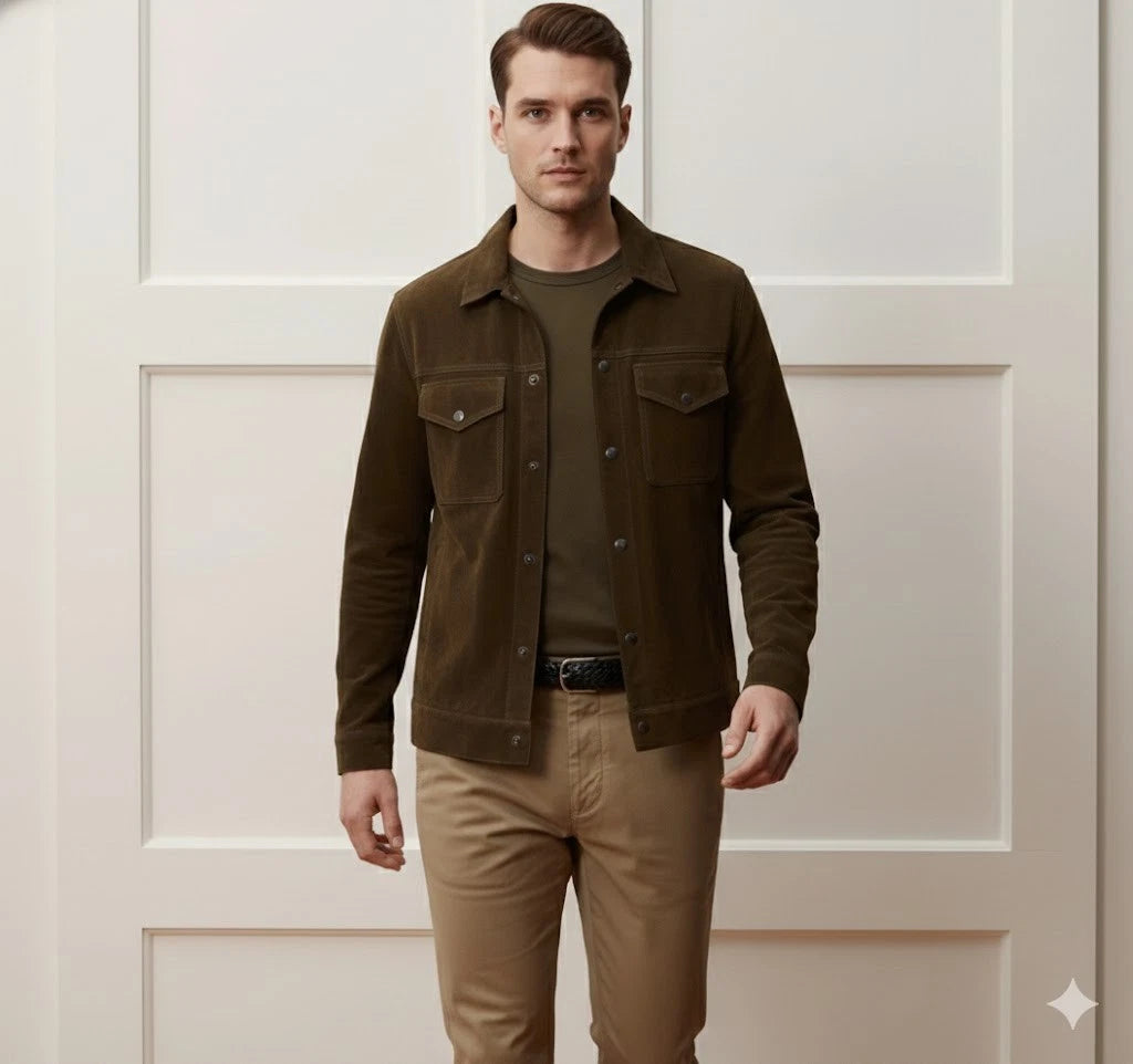 Men's Olive Green Suede Premium OriginalLeather Trucker Jacket