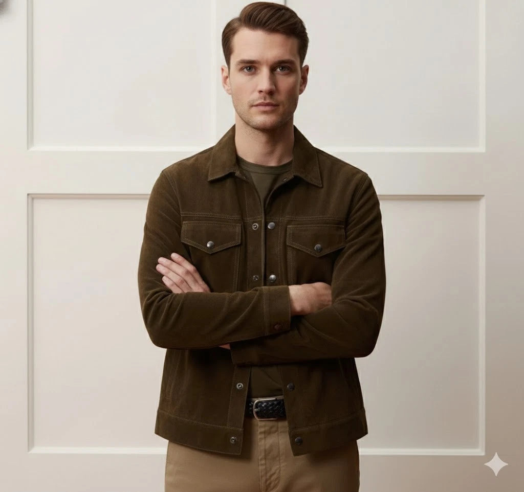 Men's Olive Green Suede Premium OriginalLeather Trucker Jacket