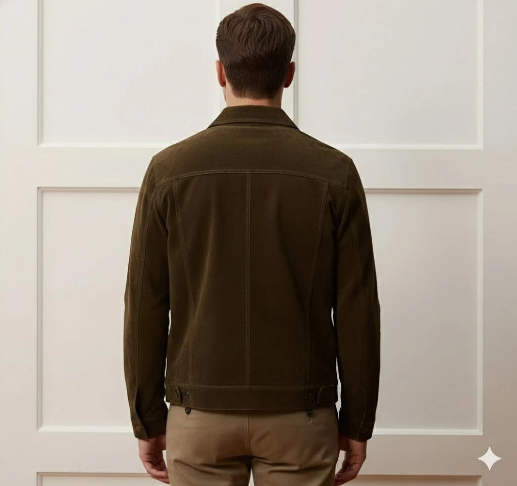 Men's Olive Green Suede Premium OriginalLeather Trucker Jacket