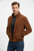 Men's Tan Suede Premium OriginalLeather Bomber Jacket with Ribbed Trim