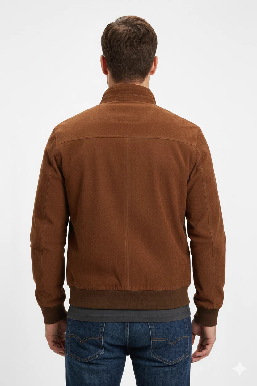 Men's Tan Suede Premium OriginalLeather Bomber Jacket with Ribbed Trim