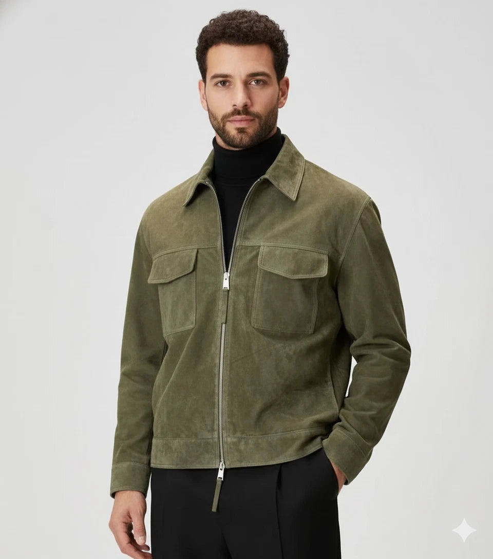 Men's Premium Olive Green Suede Original Leather Zip Jacket with Dual Chest Pockets