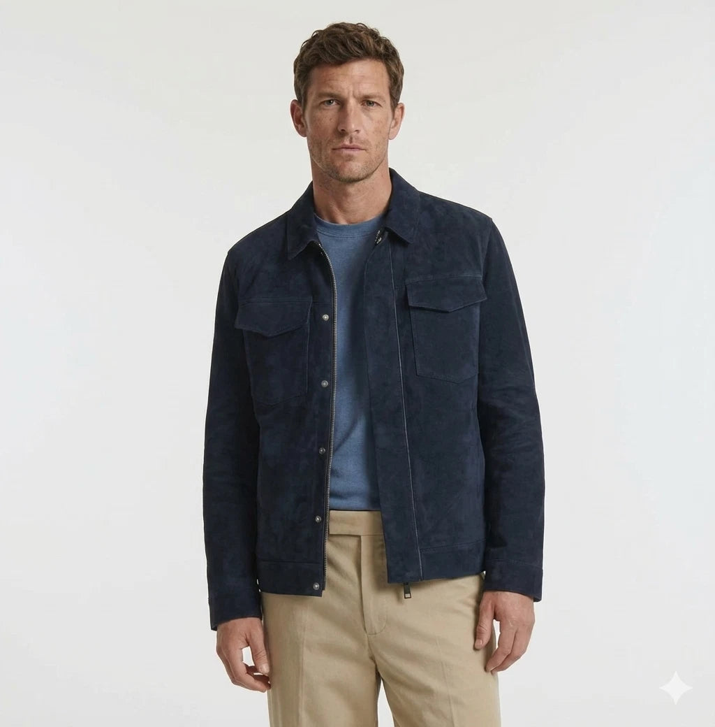 Men's Navy Blue Original Suede Premium Leather Shirt Jacket with Dual Chest Pockets