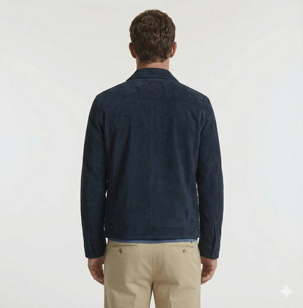 Men's Navy Blue Original Suede Premium Leather Shirt Jacket with Dual Chest Pockets