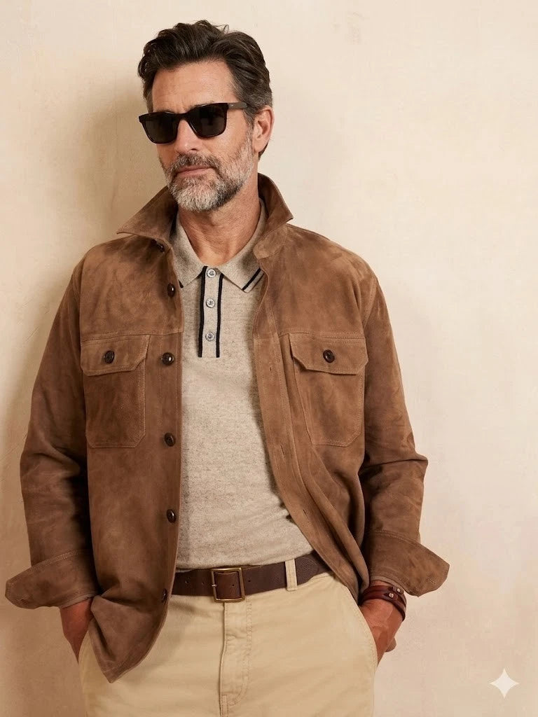 Men's Camel Brown Suede Premium Original Leather Overshirt Jacket with Dual Chest Pockets
