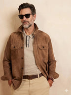 Men's Camel Brown Suede Premium Original Leather Overshirt Jacket with Dual Chest Pockets