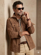 Men's Camel Brown Suede Premium Original Leather Overshirt Jacket with Dual Chest Pockets