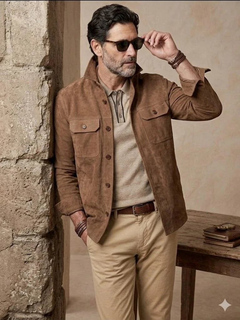 Men's Camel Brown Suede Premium Original Leather Overshirt Jacket with Dual Chest Pockets