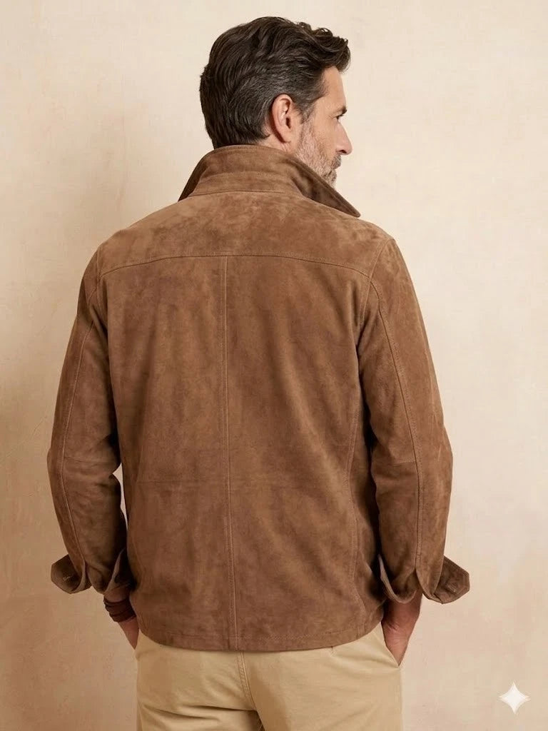 Men's Camel Brown Suede Premium Original Leather Overshirt Jacket with Dual Chest Pockets