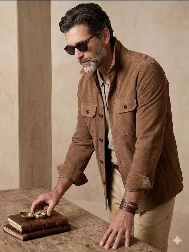 Men's Camel Brown Suede Premium Original Leather Overshirt Jacket with Dual Chest Pockets
