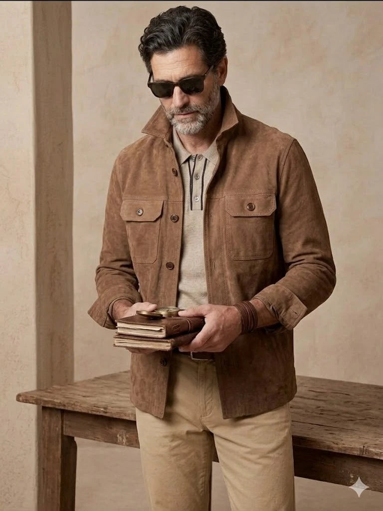 Men's Camel Brown Suede Premium Original Leather Overshirt Jacket with Dual Chest Pockets