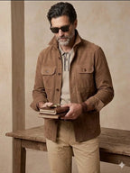 Men's Camel Brown Suede Premium Original Leather Overshirt Jacket with Dual Chest Pockets