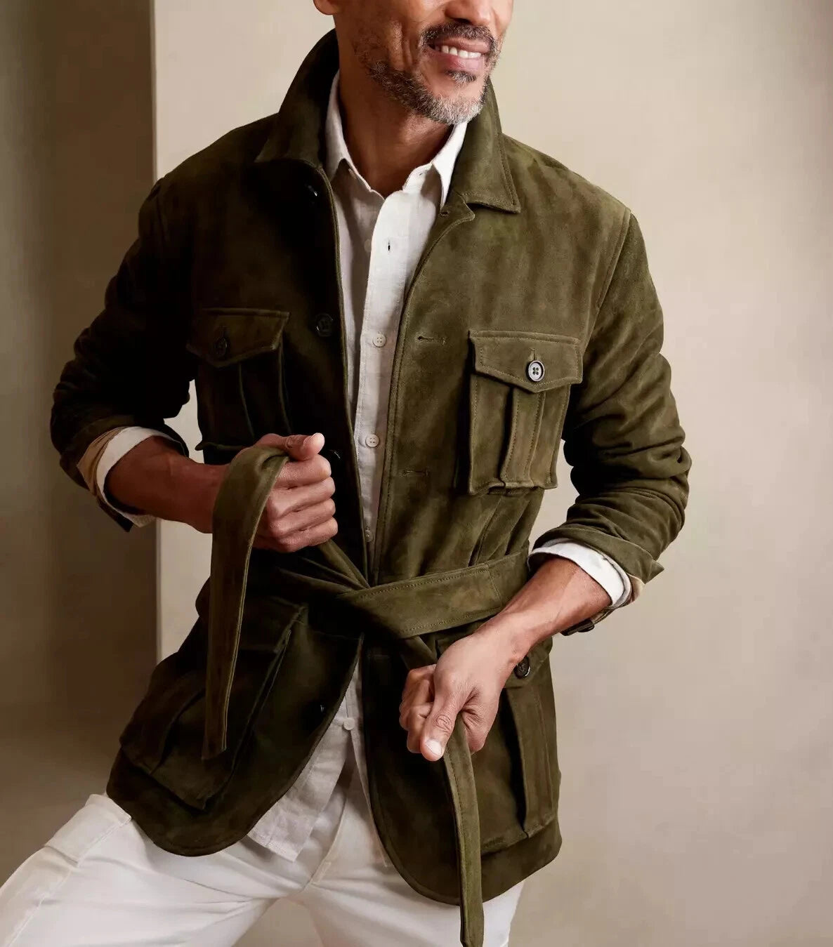 Men's Olive Suede Leather Safari Jacket with Belt & Multi-Pockets