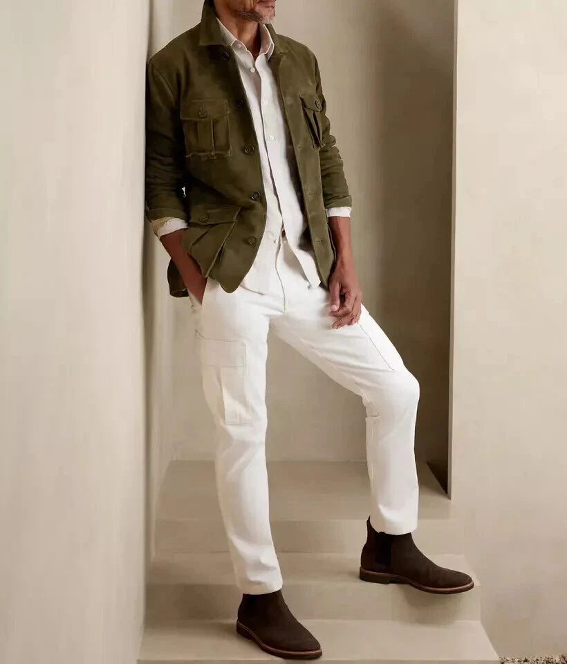 Men's Olive Suede Leather Safari Jacket with Belt & Multi-Pockets