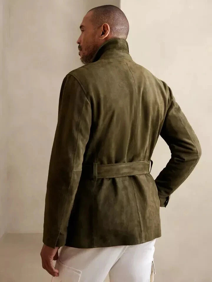 Men's Olive Suede Leather Safari Jacket with Belt & Multi-Pockets