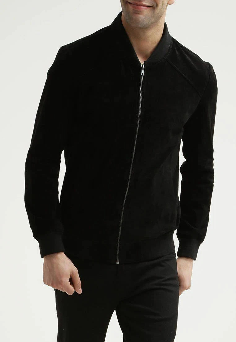 Men's Black Suede Original Leather Bomber Jacket with Ribbed Collar
