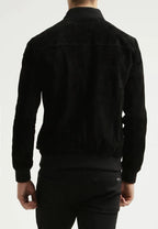 Men's Black Suede Original Leather Bomber Jacket with Ribbed Collar
