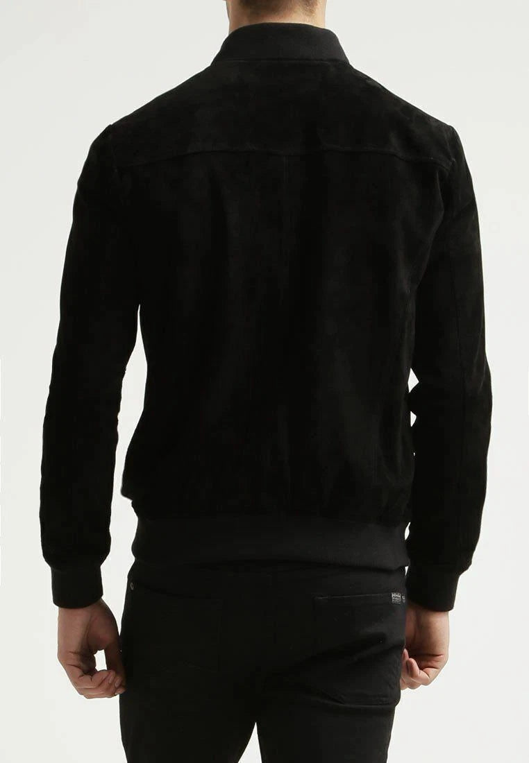 Men's Black Suede Original Leather Bomber Jacket with Ribbed Collar