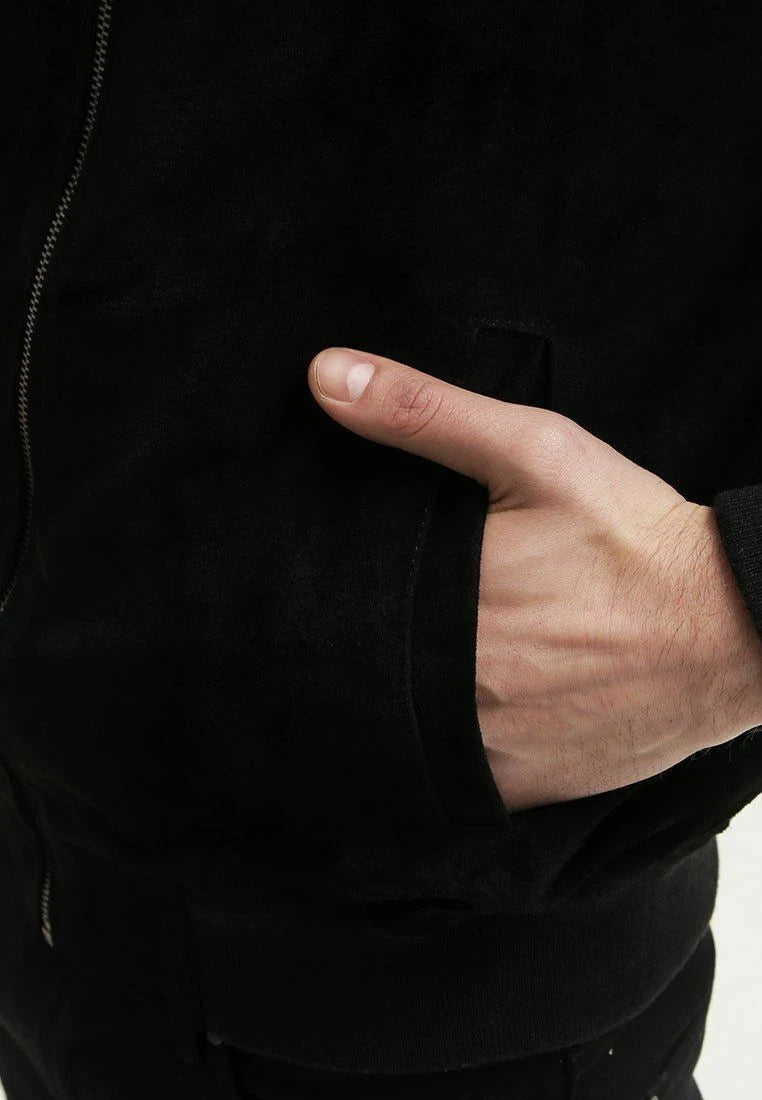 Men's Black Suede Original Leather Bomber Jacket with Ribbed Collar