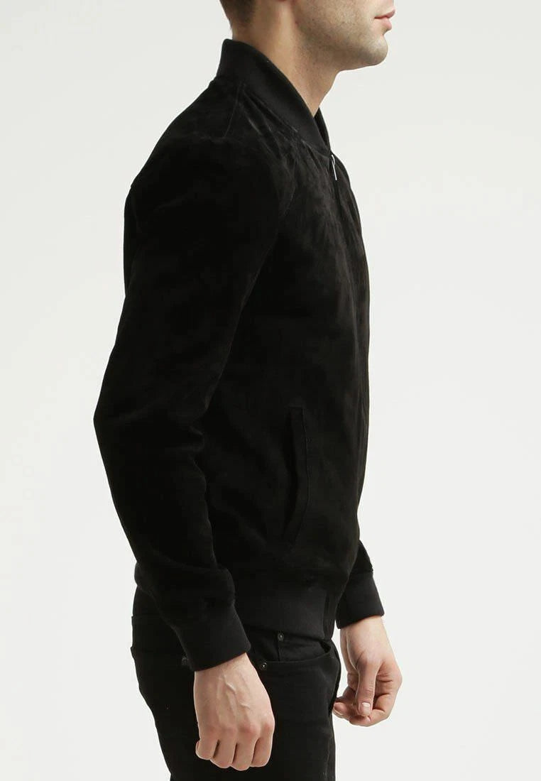 Men's Black Suede Original Leather Bomber Jacket with Ribbed Collar