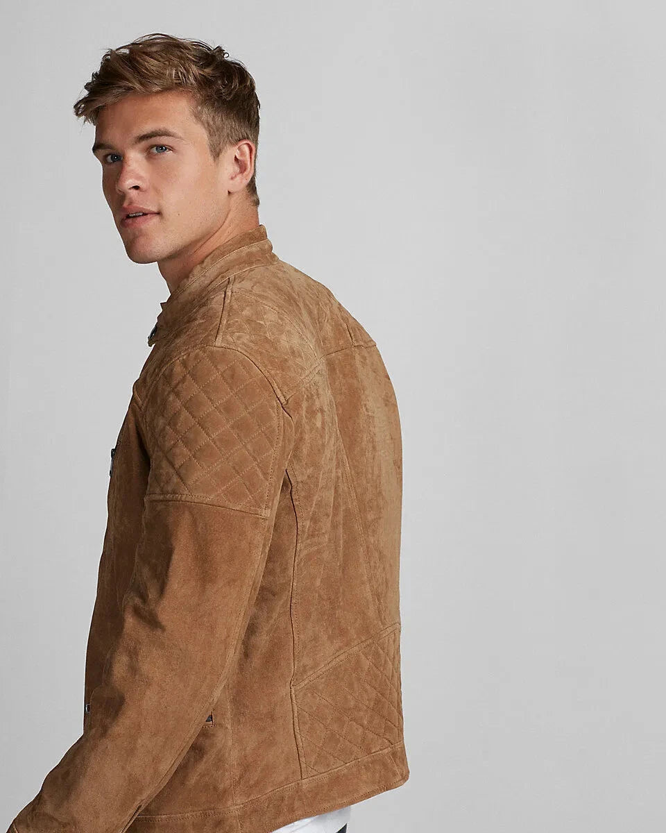 Men's Tan Suede Original Premium Leather Racer Jacket with Multi-Zip Pockets