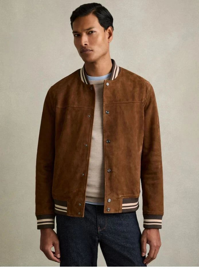 Men's Tan Suede Premium Original Leather Varsity Bomber Jacket with Stripe Ribbed Trim
