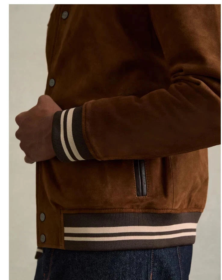 Men's Tan Suede Premium Original Leather Varsity Bomber Jacket with Stripe Ribbed Trim