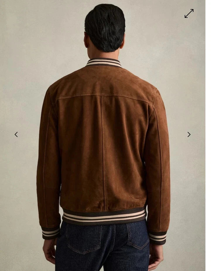 Men's Tan Suede Premium Original Leather Varsity Bomber Jacket with Stripe Ribbed Trim