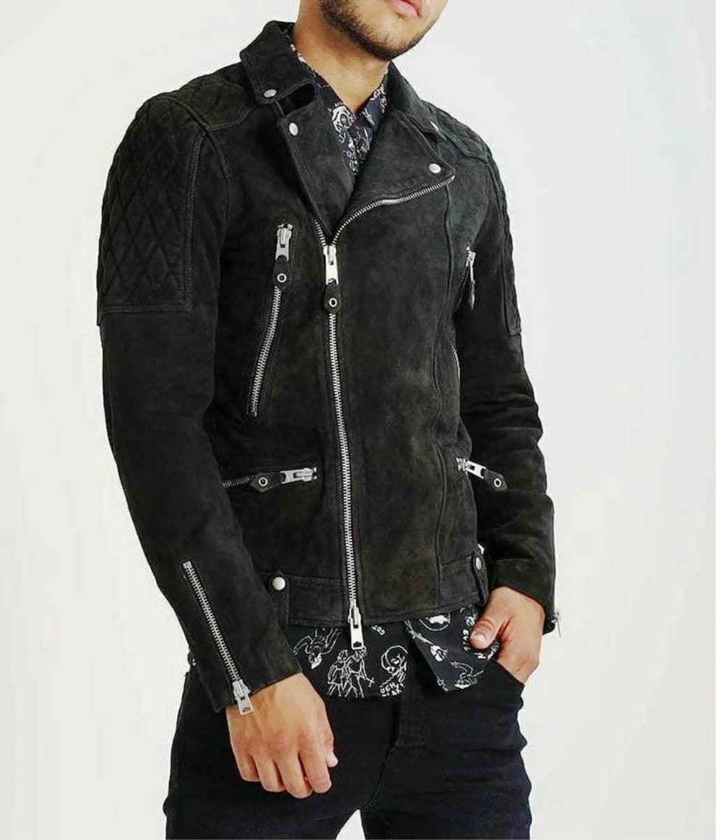 Men's Black Suede Original Leather Multi-Zip Biker Jacket with Quilted Shoulders